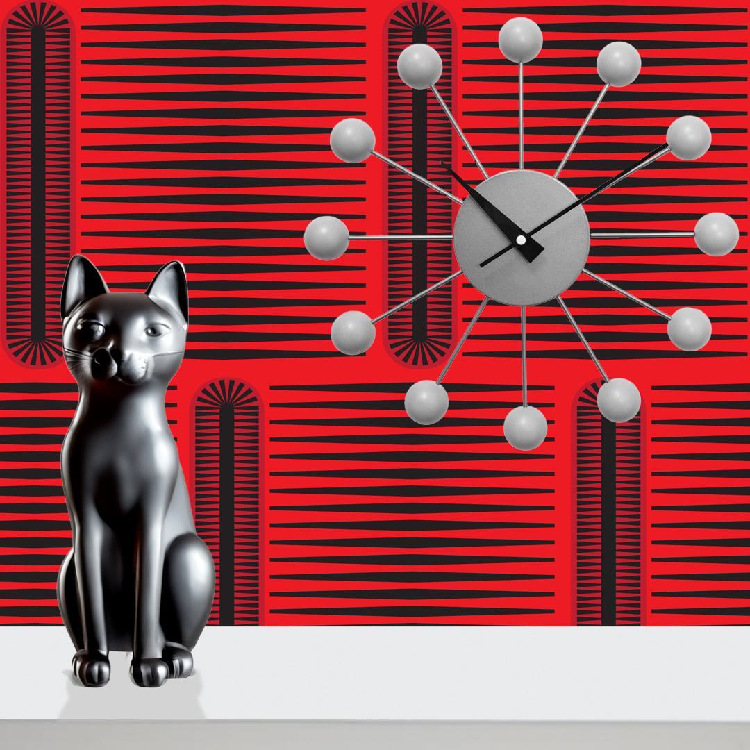 The artwork features a repeating geometric pattern of symmetrical shapes resembling elongated, curved diamonds or petals in various shades of blue and green. Each shape is split vertically with one half filled with a light blue and the other half filled with green or darker blue. The background is a light, almost pastel blue, which provides a soft yet vibrant backdrop. One of the blue shapes near the upper left contains a white starburst element, adding a focal point of brightness to the composition. The overall design conveys a modern, mid-century aesthetic with clean lines and harmonious color contrasts.